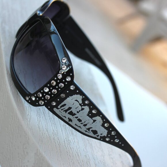 Silver Dashing Horses Sunglasses in Black w/Rhinestone Accents main image 9